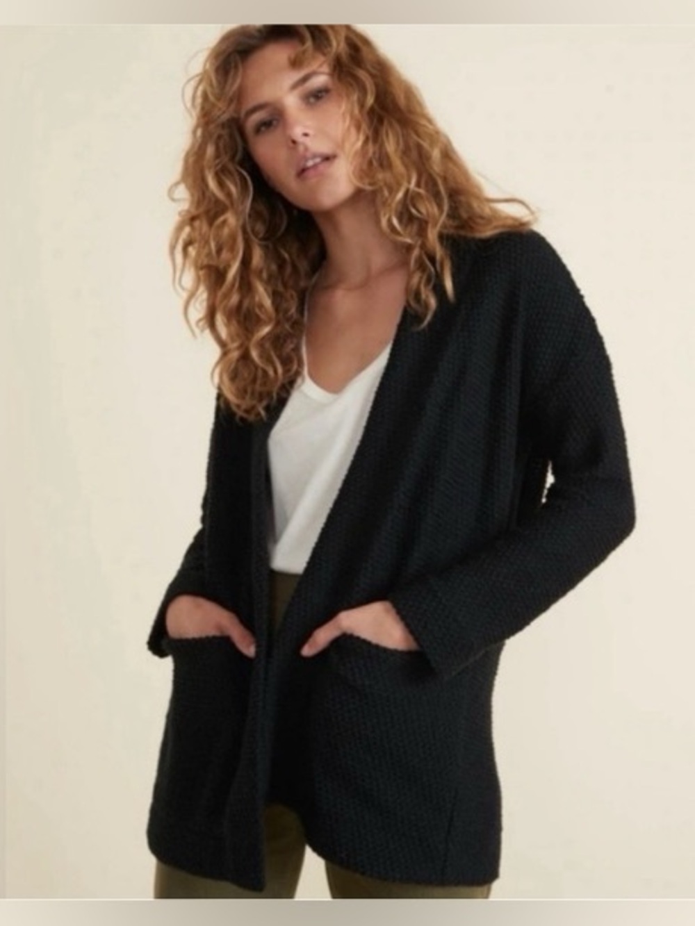 Marine Layer S Black Open Front Cardigan Knit Pockets Sweater Witchy Dark